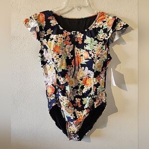 Meet Curve Swimsuit Floral XL One Piece 3/4 Zip Blue Peach